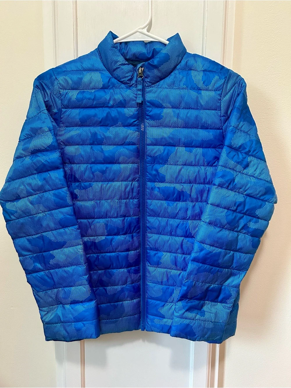NWOT Lands’ End Boys Packable Puffer Jacket Blue Camo Medium 10-12